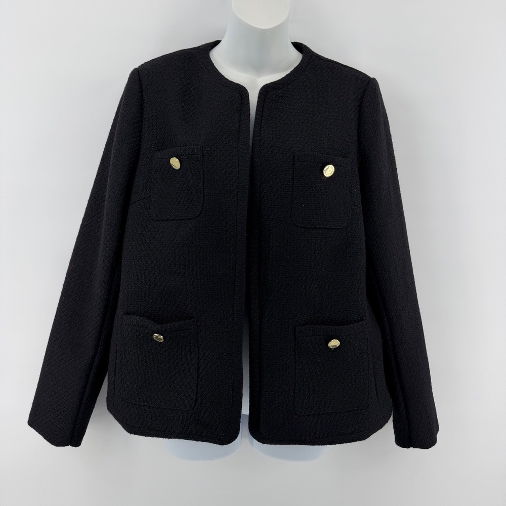Anne Klein Jacket Women's Gold Buttons Black Textured Open Lined Large NWT $139